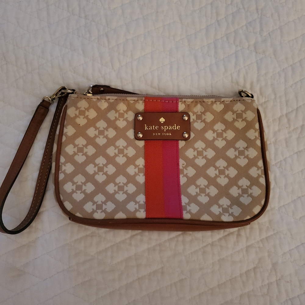Kate Spade Wristlet Tan with Pink & Orange Stripe